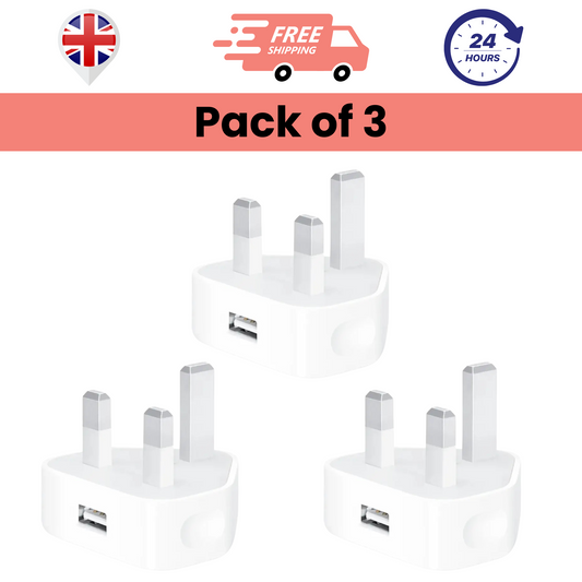 Pack of 3 USB Plugs 3 Pin Mains