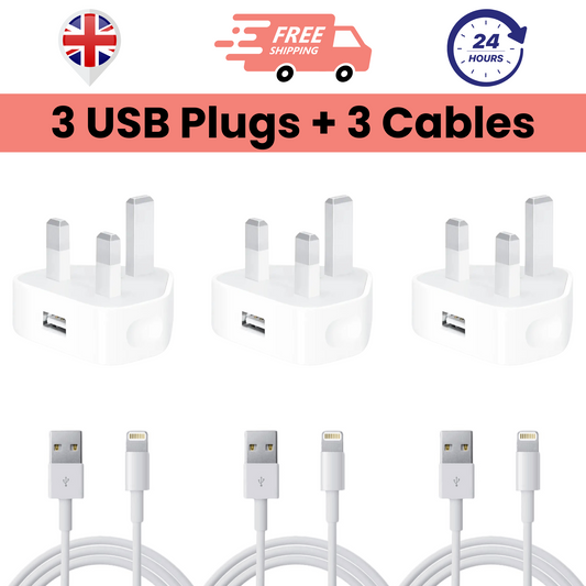 Pack of 3 USB Plug Chargers & 3 USB To Lightning Cables