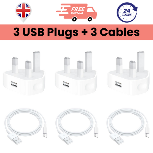 Pack of 3 USB Plug Chargers & 3 USB To Type-C Cables