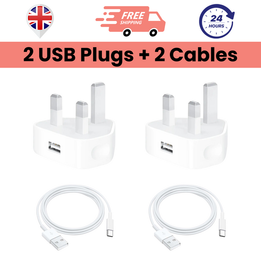 Pack of 2 USB Plug Chargers & 2 USB To Type-C Cables