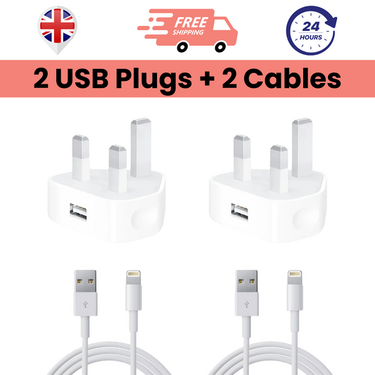 Pack of 2 USB Plug Chargers & 2 USB To Lightning Cables